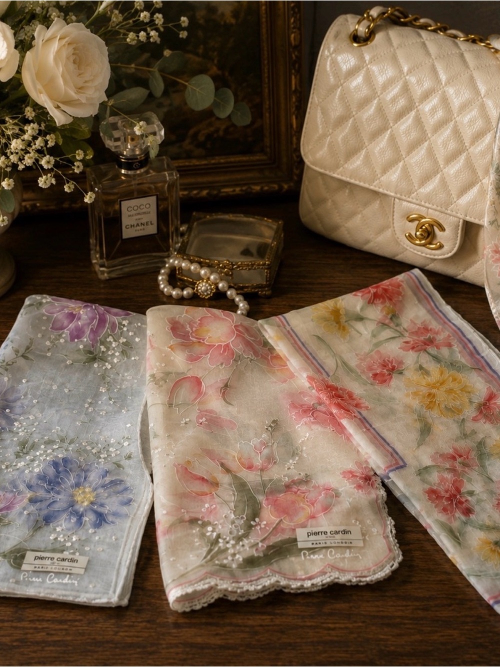 Pierre Cardin Floral Scarves in Pastel Pink, Blue and Cream Lot of 3